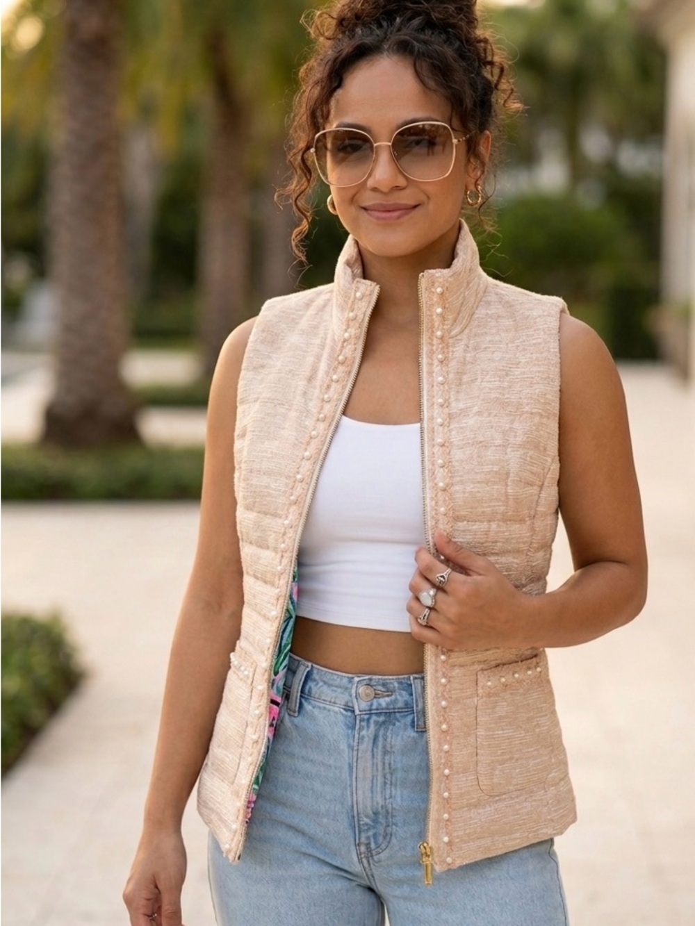 Lilly Pulitzer Noella Bouclé Vest Pearl Trim Latte NWT Size S Resort Chic